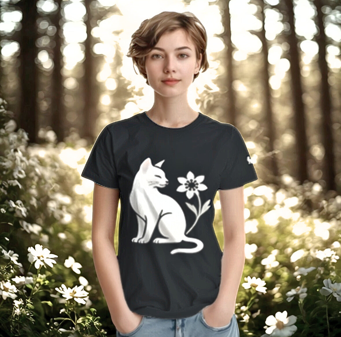 Cat and Flower white front print – Minimalist Black heavyweight T-Shirt by Varg & Vitsippa