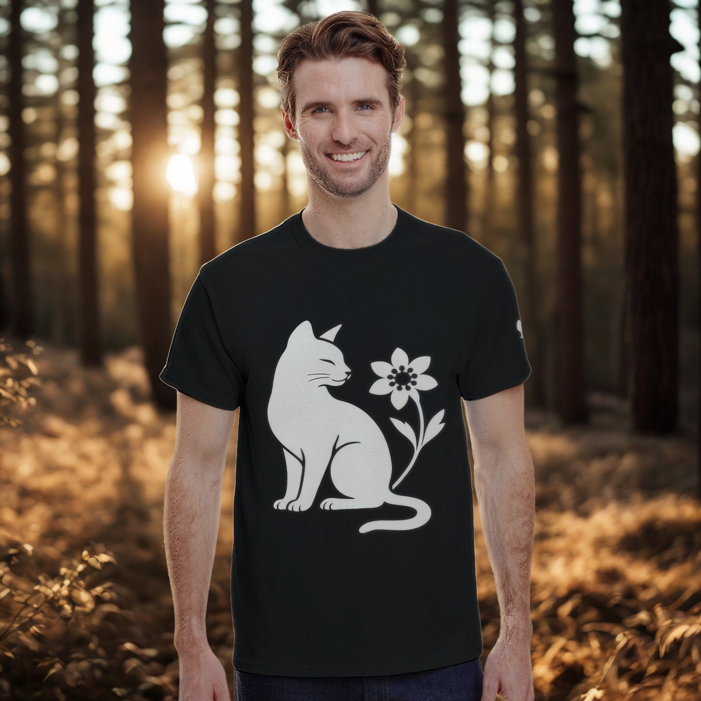 Cat and Flower white front print – Minimalist Black heavyweight T-Shirt by Varg & Vitsippa
