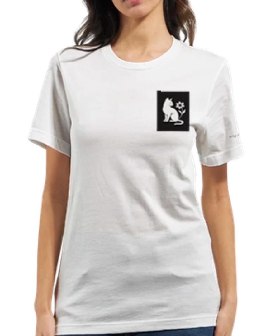 Cat and Flower White on Black Print– Minimalist Lightweight White T-Shirt by Varg & Vitsippa