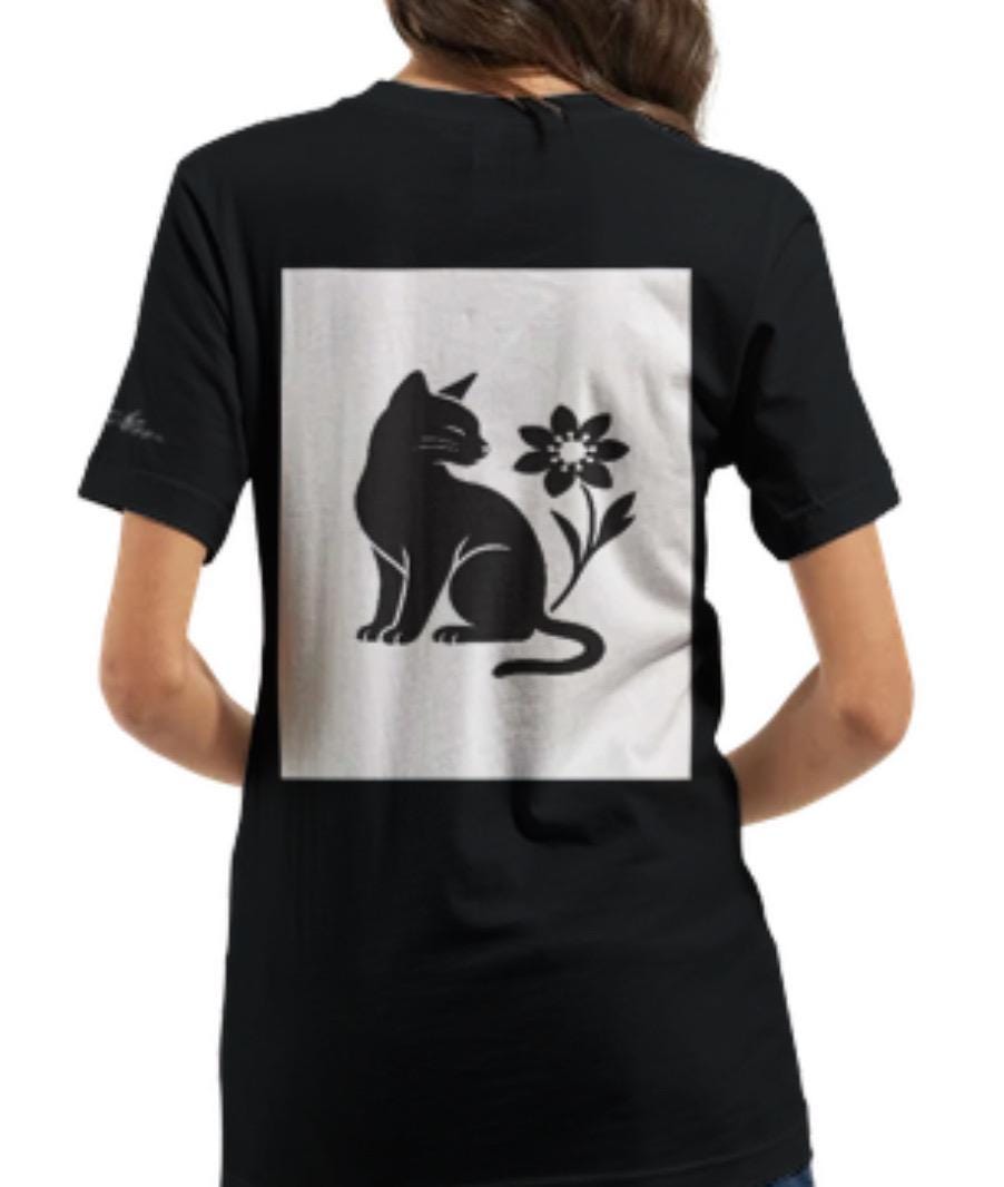 Cat and Flower Black on White Print – Minimalist Lightweight Black T-Shirt by Varg & Vitsippa