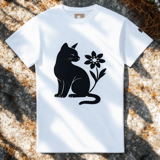 Cat and Flower Black front print – Minimalist White heavyweight T-Shirt by Varg & Vitsippa
