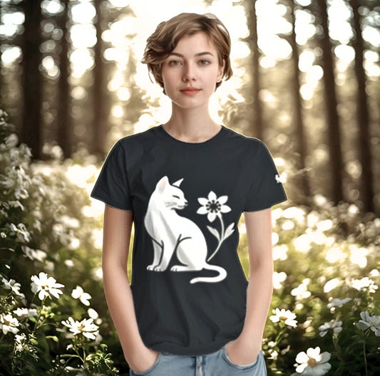 Cat and Flower white front print – Minimalist Black heavyweight T-Shirt by Varg & Vitsippa