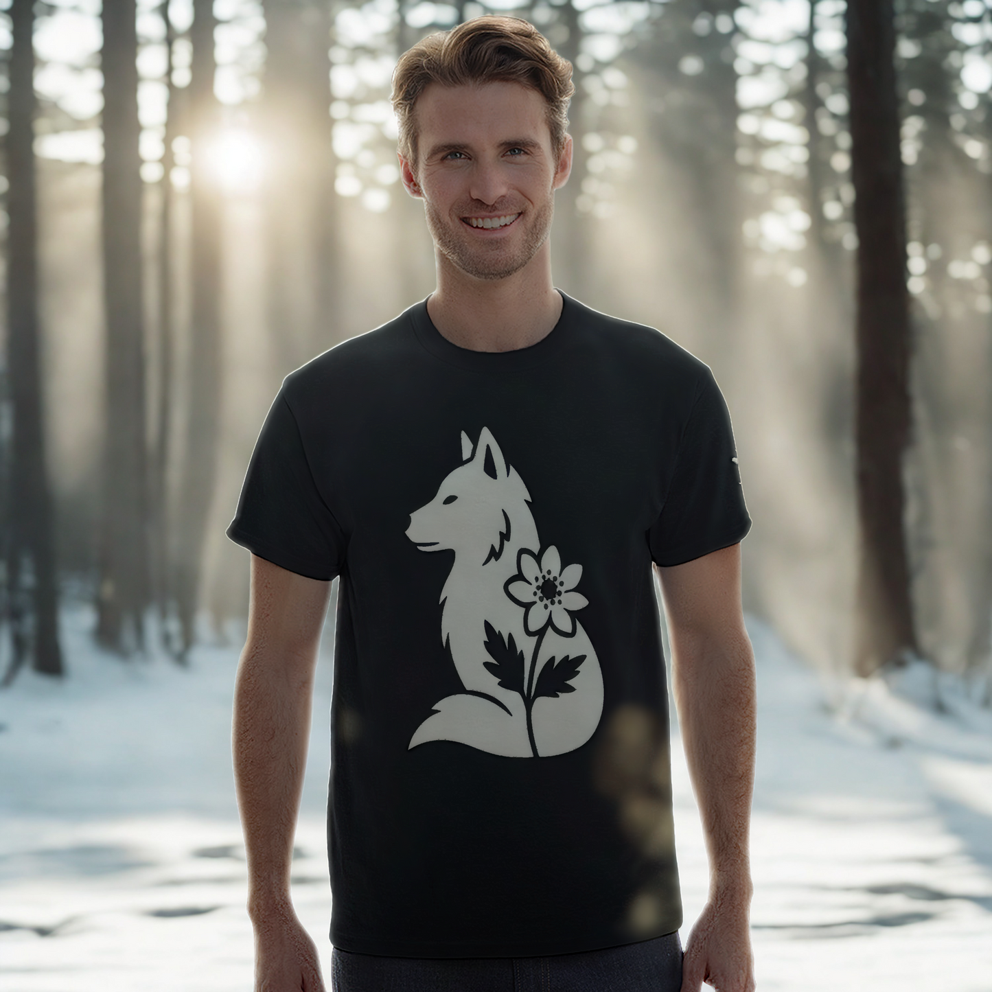 Nordic Wolf and Flower white front print – Minimalist black heavyweight T-Shirt by Varg & Vitsippa
