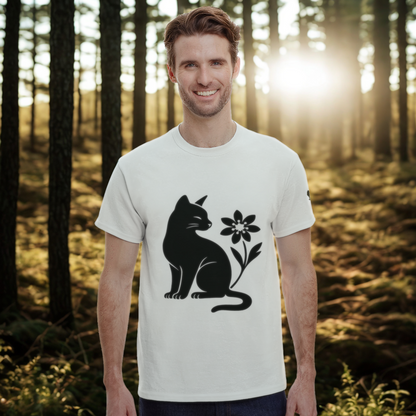 Cat and Flower Black front print – Minimalist White heavyweight T-Shirt by Varg & Vitsippa