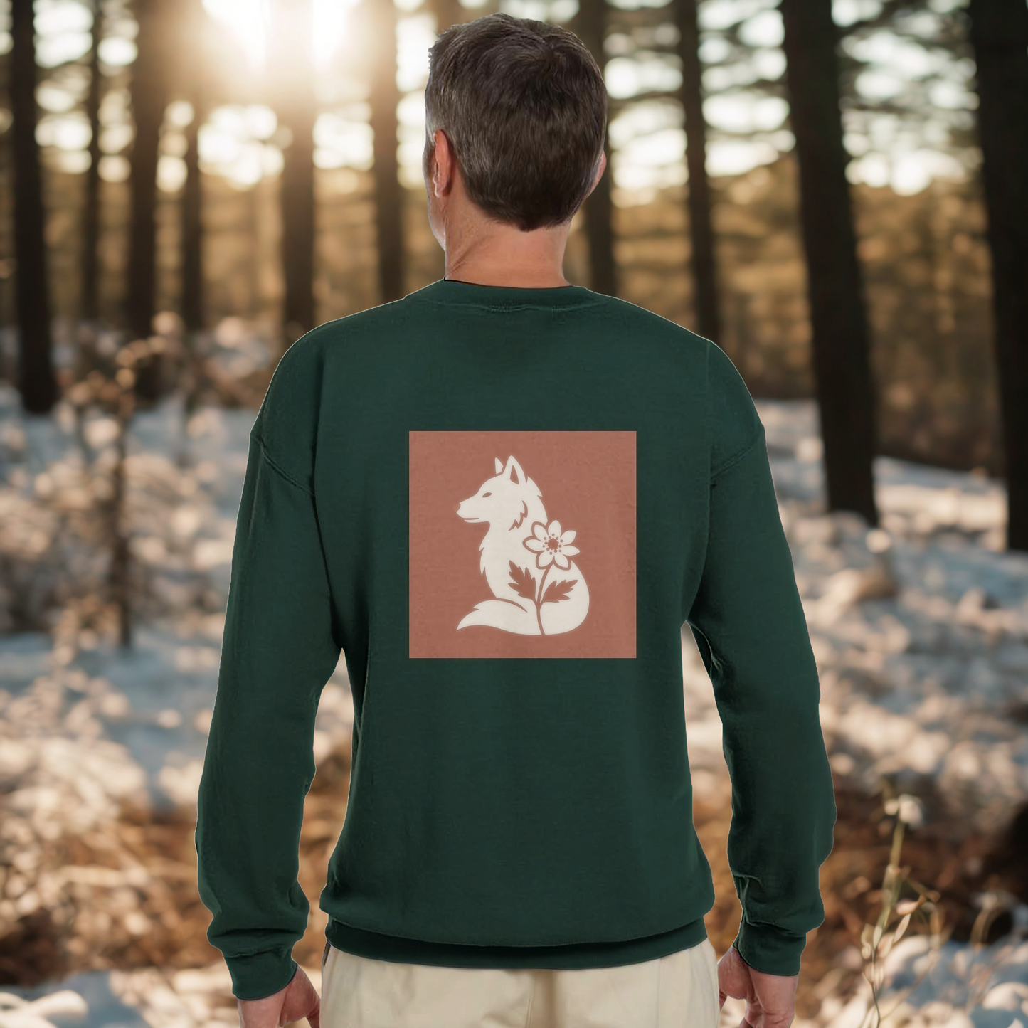 Nordic Wolf and Flower Sweatshirt beige on brown print – Minimalist Forest Green Crewneck by Varg & Vitsippa