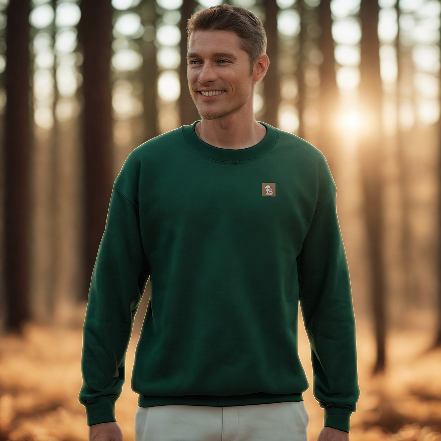 Nordic Wolf and Flower Sweatshirt beige on brown print – Minimalist Forest Green Crewneck by Varg & Vitsippa