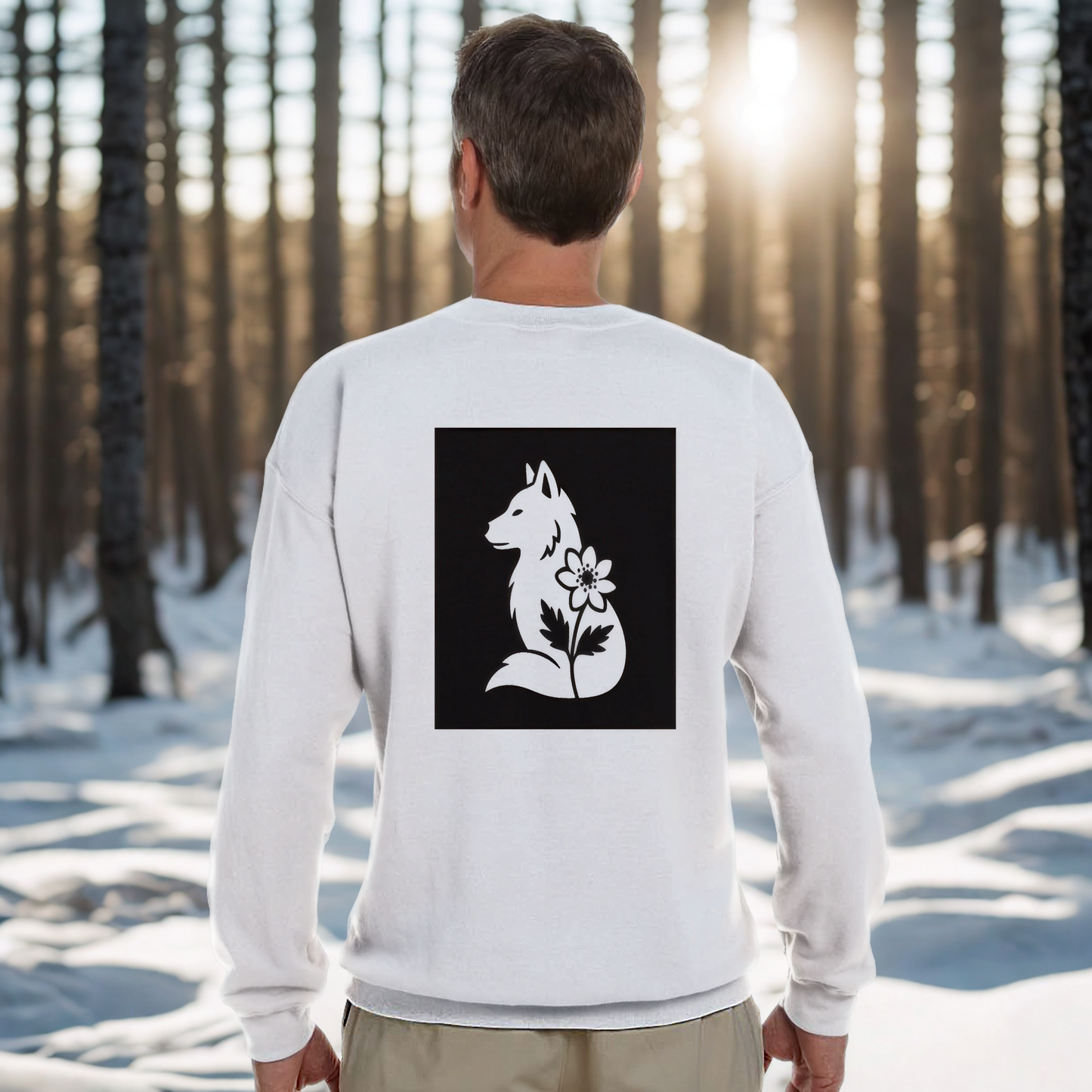 Nordic Wolf & Flower White on Black Print - Minimalistic Unisex White Crewneck by Varg och Vitsippa