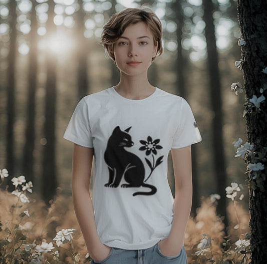 Cat and Flower Black front print – Minimalist White heavyweight T-Shirt by Varg & Vitsippa