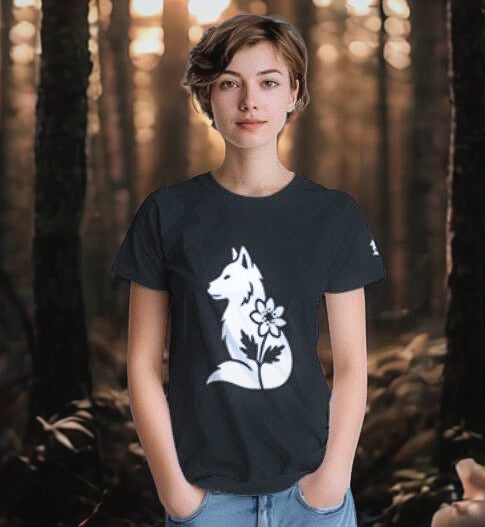 Nordic Wolf and Flower white front print – Minimalist black heavyweight T-Shirt by Varg & Vitsippa