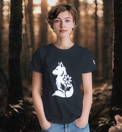 Nordic Wolf and Flower white front print – Minimalist black heavyweight T-Shirt by Varg & Vitsippa