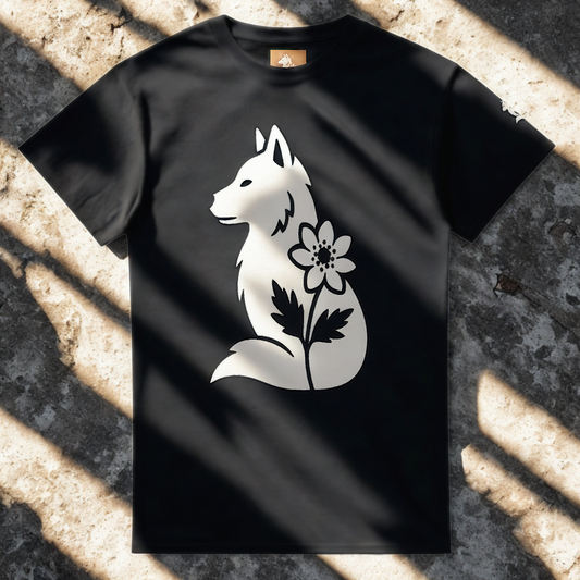 Nordic Wolf and Flower white front print – Minimalist black heavyweight T-Shirt by Varg & Vitsippa