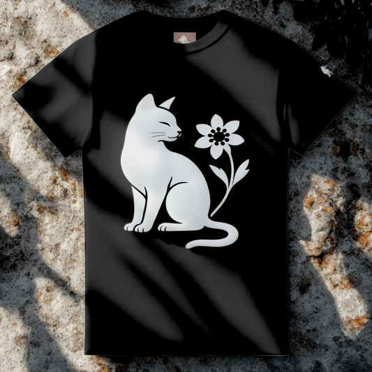 Cat and Flower white front print – Minimalist Black heavyweight T-Shirt by Varg & Vitsippa