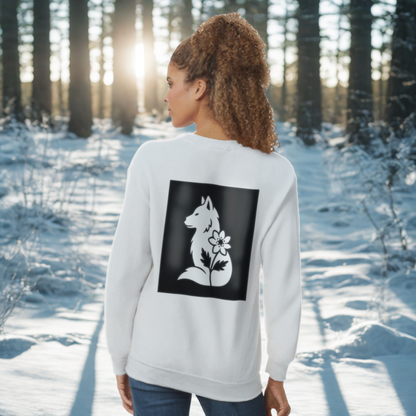 Nordic Wolf & Flower White on Black Print - Minimalistic Unisex White Crewneck by Varg och Vitsippa