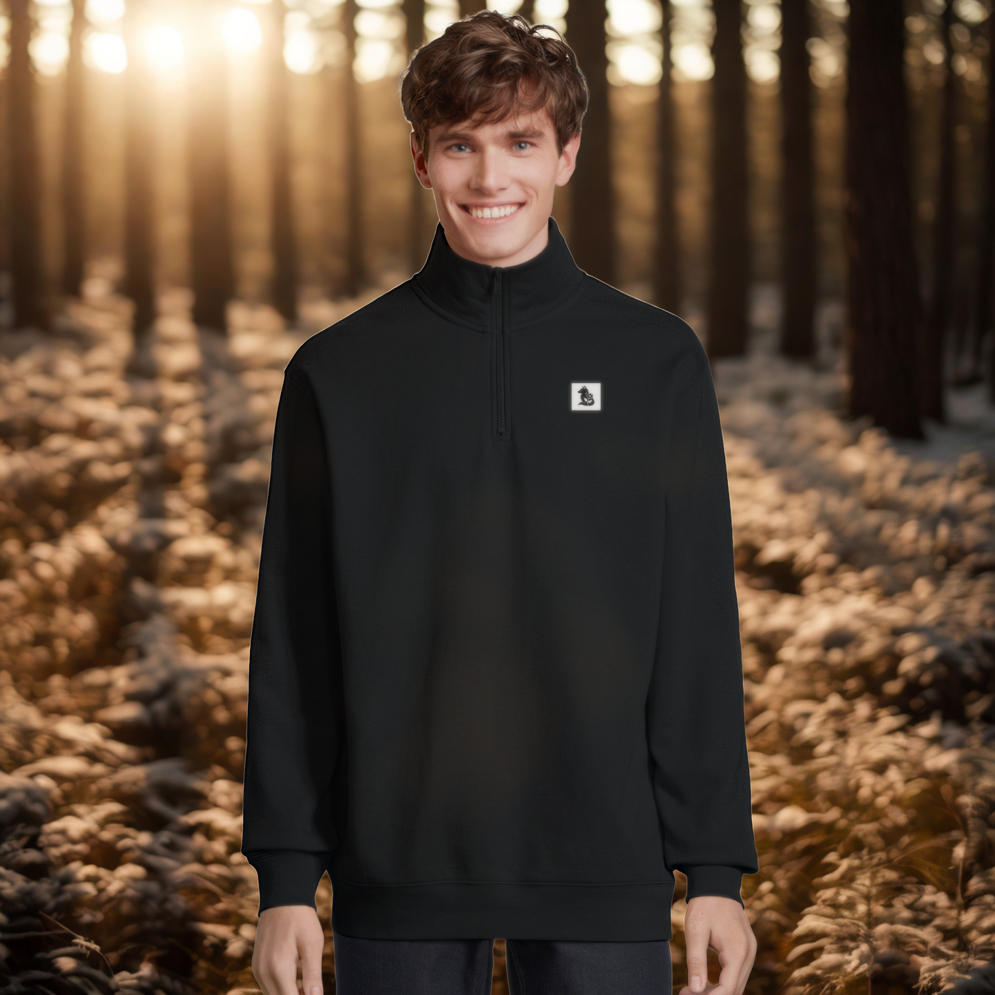 Nordic Wolf and Flower Minimalistic Black on White print – Unisex Black Quarter-Zip Sweatshirt