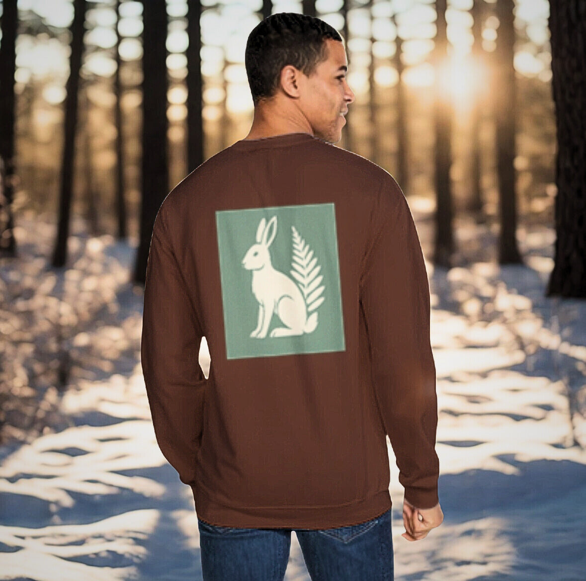 Nordic Hare and Flower Sweatshirt beige on green print – Minimalist Brown Crewneck by Varg & Vitsippa