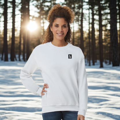 Nordic Wolf & Flower White on Black Print - Minimalistic Unisex White Crewneck by Varg och Vitsippa