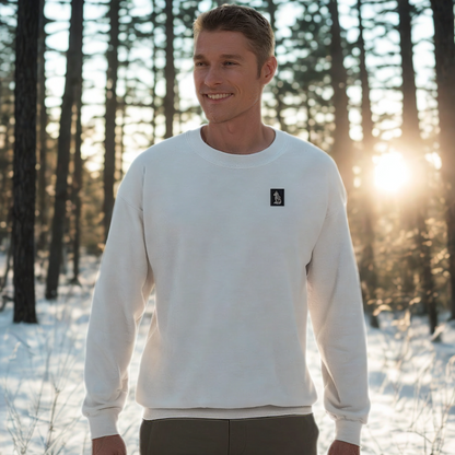 Nordic Wolf & Flower White on Black Print - Minimalistic Unisex White Crewneck by Varg och Vitsippa