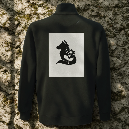 Nordic Wolf and Flower Minimalistic Black on White print – Unisex Black Quarter-Zip Sweatshirt