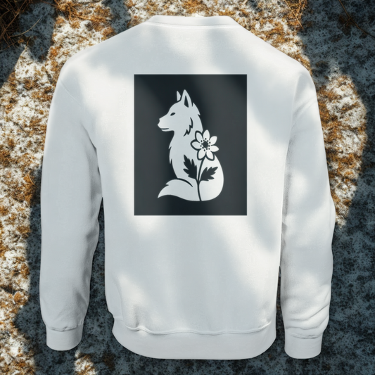 Nordic Wolf & Flower White on Black Print - Minimalistic Unisex White Crewneck by Varg och Vitsippa