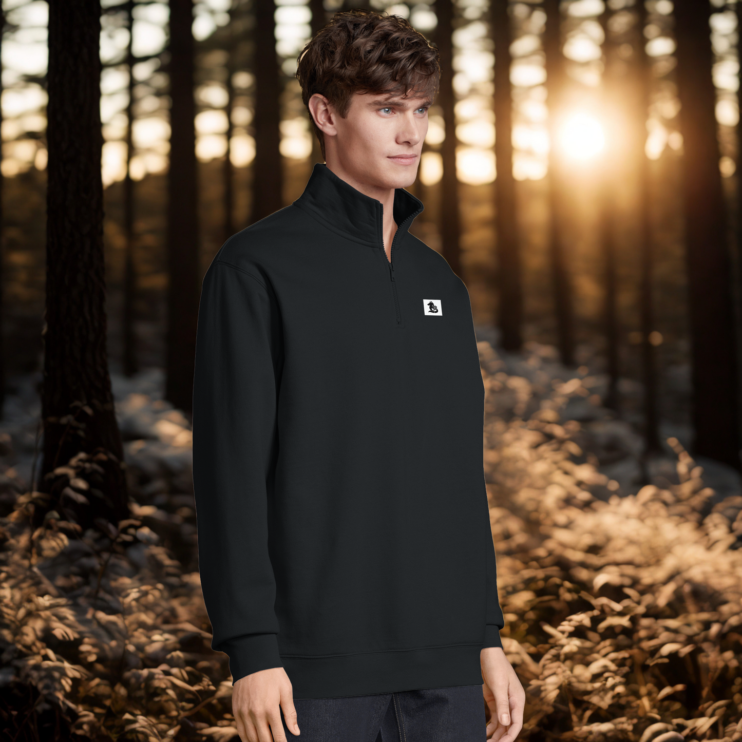 Nordic Wolf and Flower Minimalistic Black on White print – Unisex Black Quarter-Zip Sweatshirt