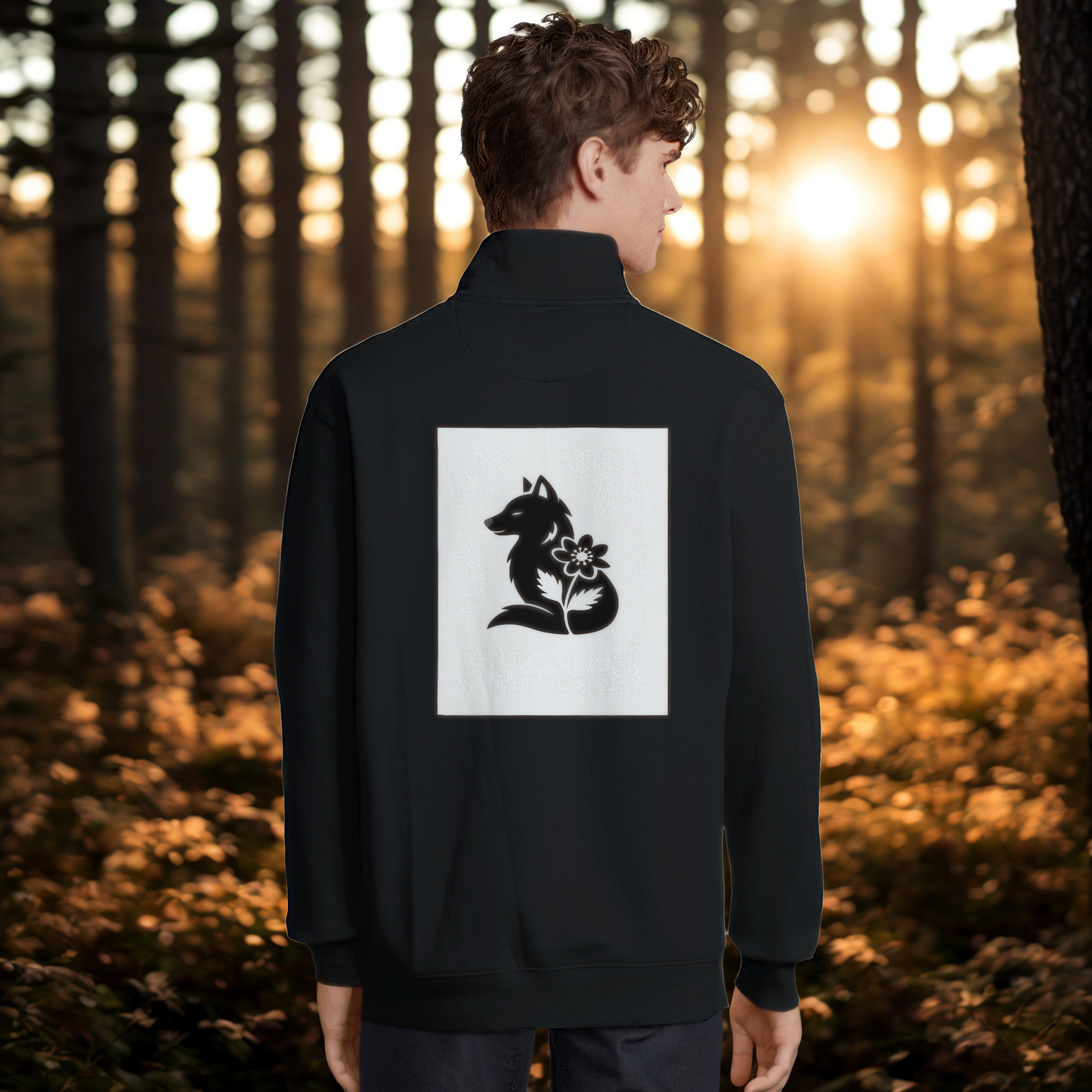 Nordic Wolf and Flower Minimalistic Black on White print – Unisex Black Quarter-Zip Sweatshirt