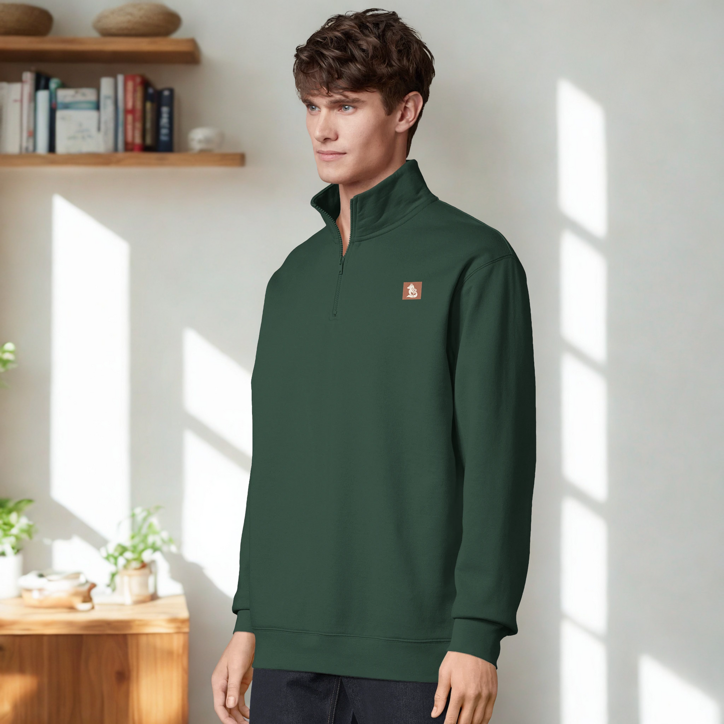 Nordic Wolf and Flower Sweatshirt beige on brown print – Minimalist Forest Green Quarter-Zip Sweatshirt by Varg & Vitsippa