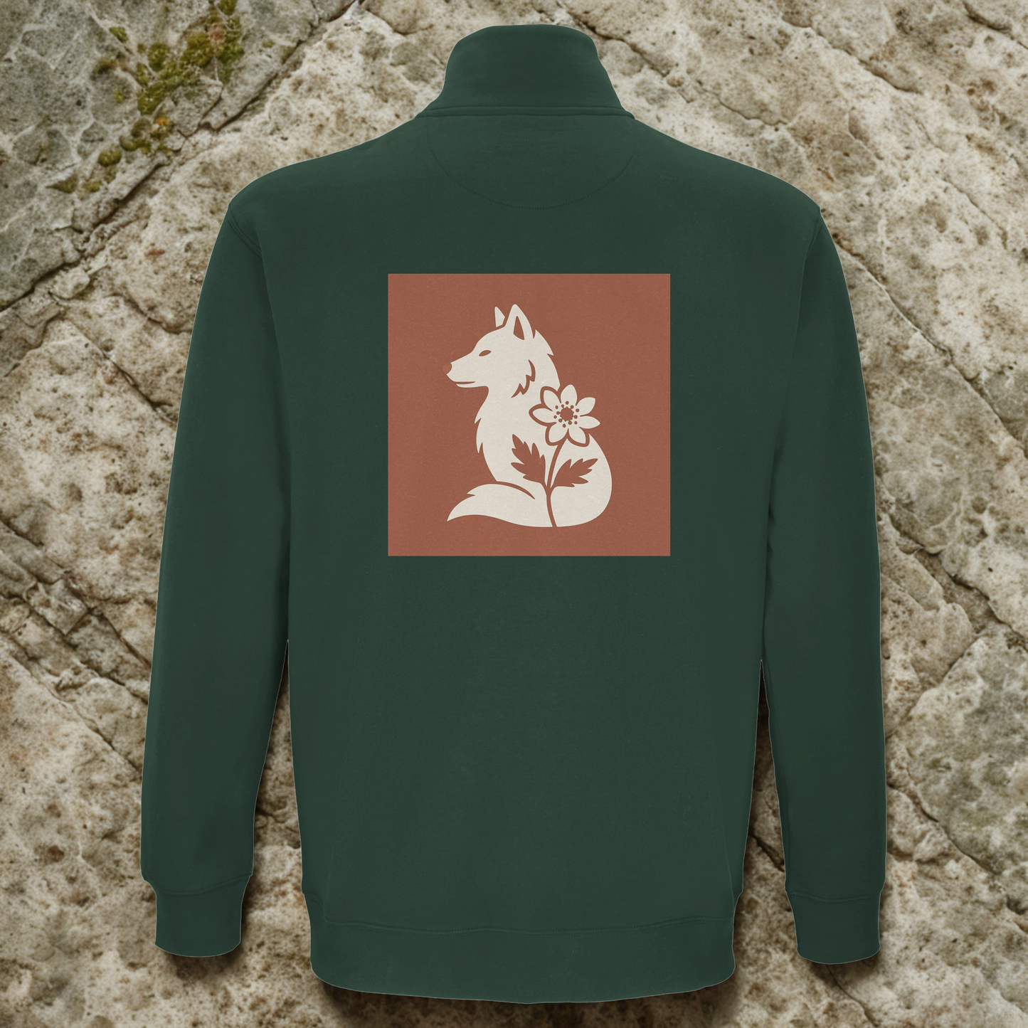 Nordic Wolf and Flower Sweatshirt beige on brown print – Minimalist Forest Green Quarter-Zip Sweatshirt by Varg & Vitsippa
