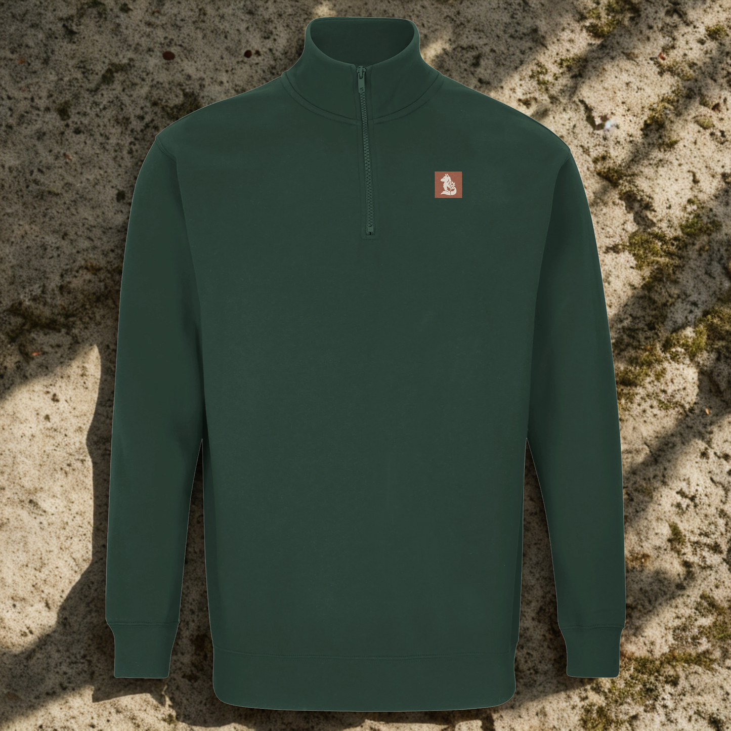 Nordic Wolf and Flower Sweatshirt beige on brown print – Minimalist Forest Green Quarter-Zip Sweatshirt by Varg & Vitsippa