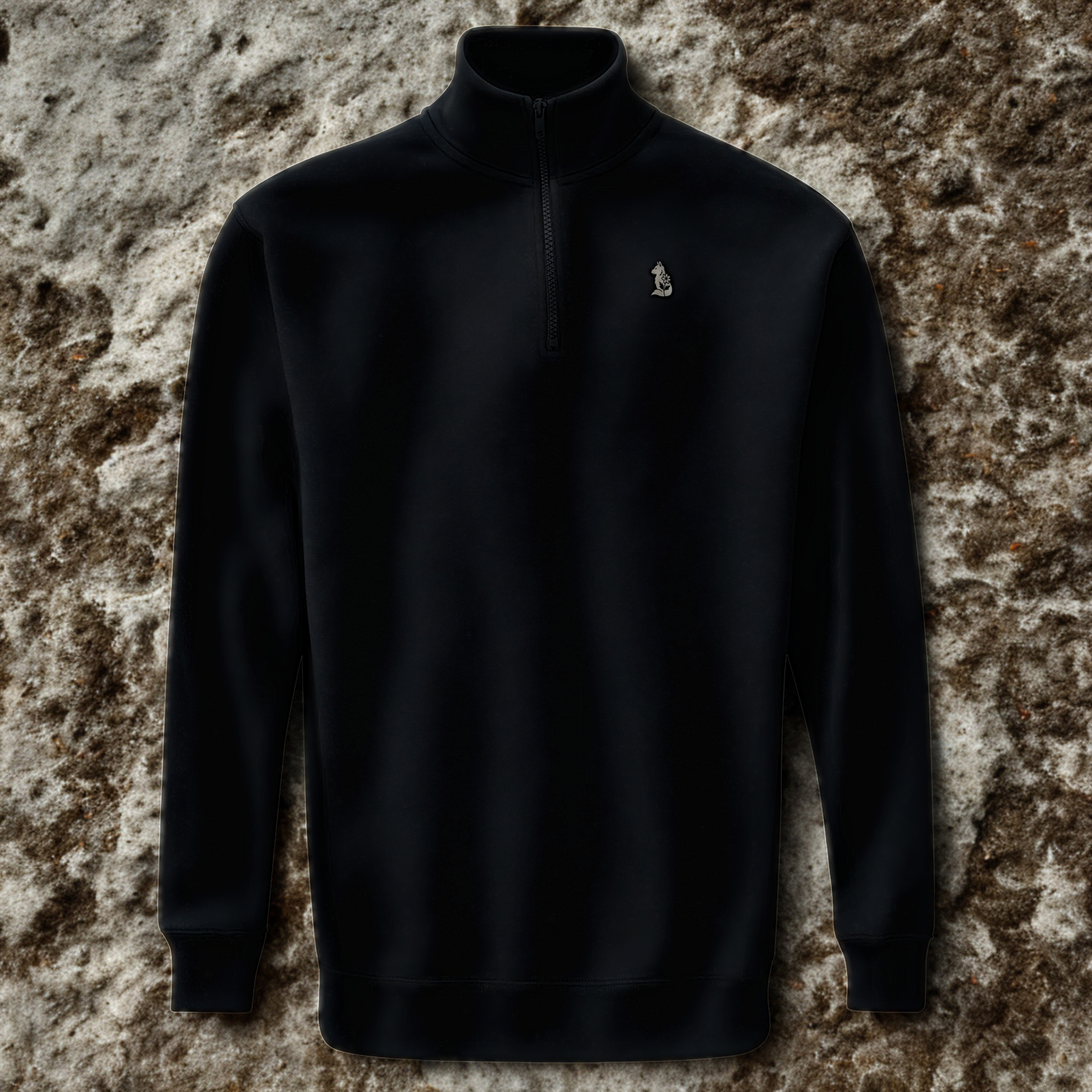 Nordic Wolf and Flower Minimalistic White print – Unisex Black Quarter-Zip Sweatshirt