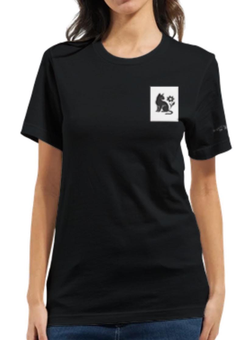 Cat and Flower Black on White Print – Minimalist Lightweight Black T-Shirt by Varg & Vitsippa
