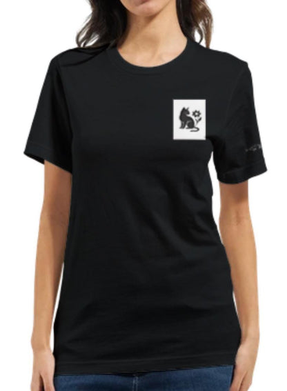 Cat and Flower Black on White Print – Minimalist Lightweight Black T-Shirt by Varg & Vitsippa