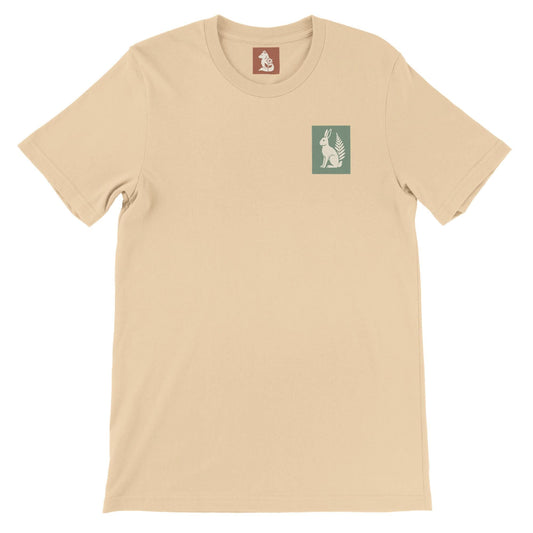 Hare and Flower beige on green print – Minimalist Lightweight Beige T-Shirt by Varg & Vitsippa