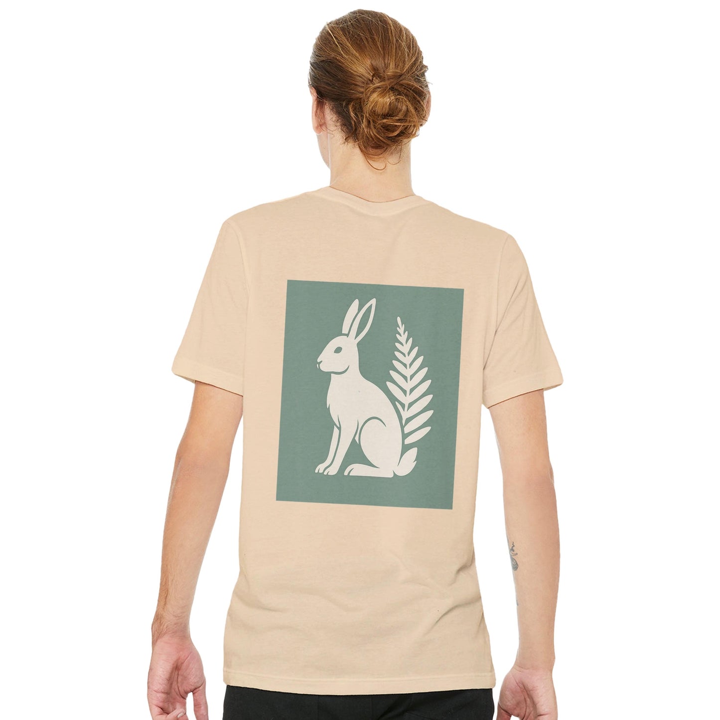 Hare and Flower beige on green print – Minimalist Lightweight Beige T-Shirt by Varg & Vitsippa