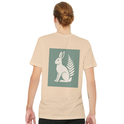 Hare and Flower beige on green print – Minimalist Lightweight Beige T-Shirt by Varg & Vitsippa