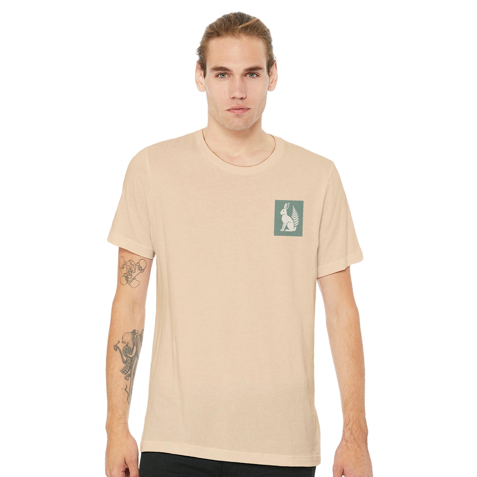 Hare and Flower beige on green print – Minimalist Lightweight Beige T-Shirt by Varg & Vitsippa