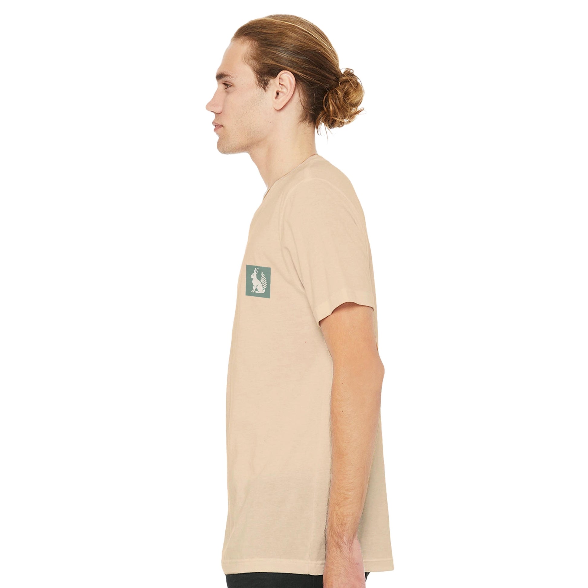 Hare and Flower beige on green print – Minimalist Lightweight Beige T-Shirt by Varg & Vitsippa