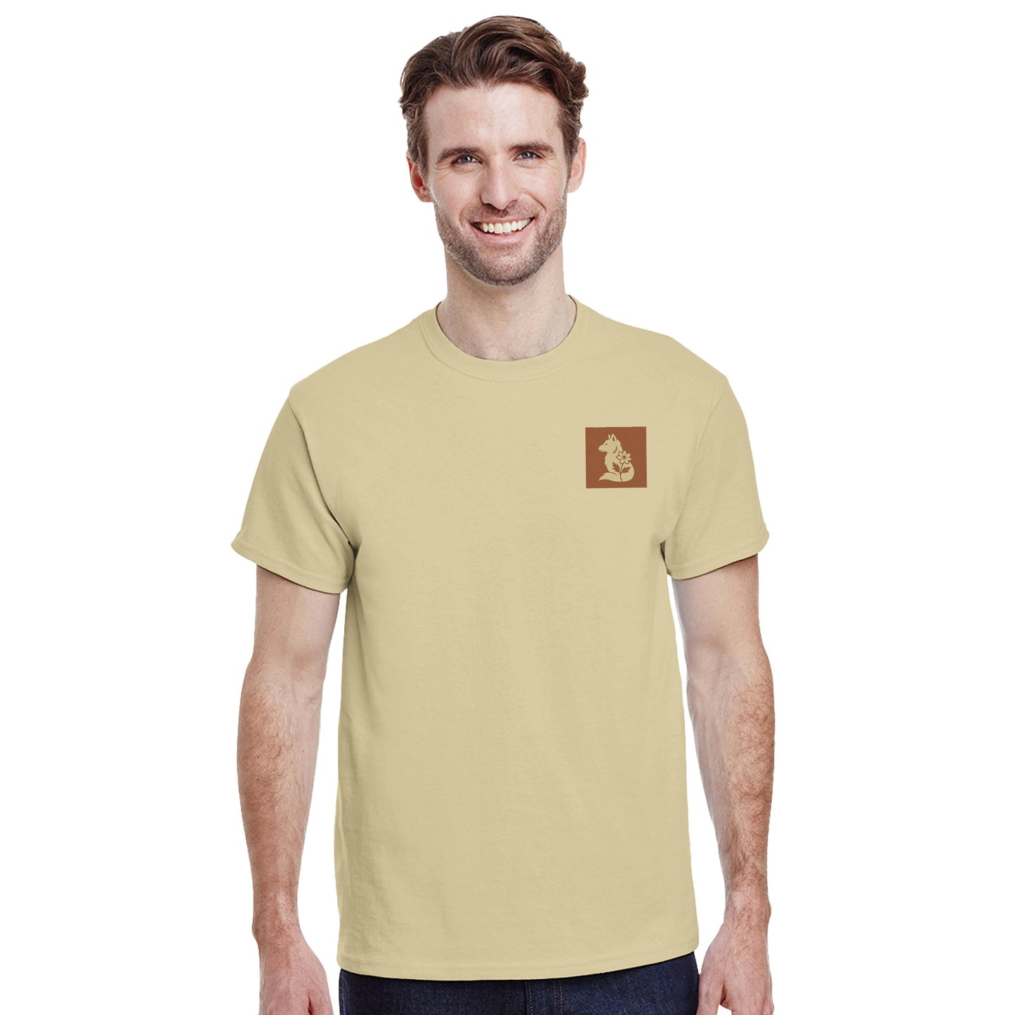 Nordic Wolf and Forest Flower – Minimalist Heavyweight Begie T-Shirt by Varg & Vitsippa