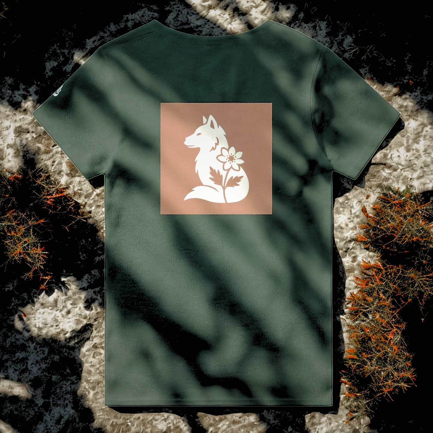 Nordic Wolf and Forest Flower beige-on-brown Print – Minimalist Heavyweight Forest Green T-Shirt by Varg & Vitsippa
