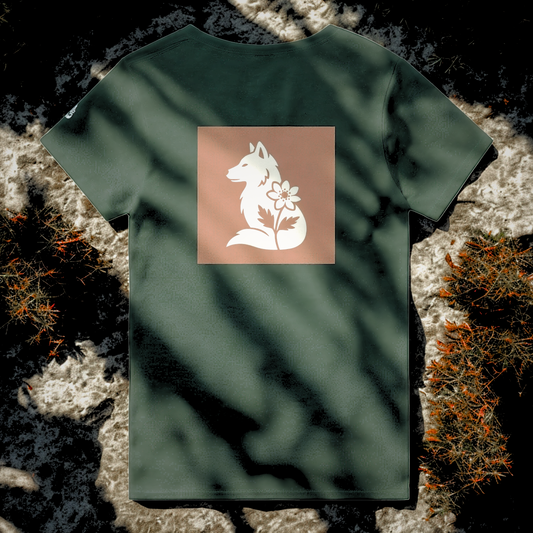 Nordic Wolf and Forest Flower beige-on-brown Print – Minimalist Heavyweight Forest Green T-Shirt by Varg & Vitsippa