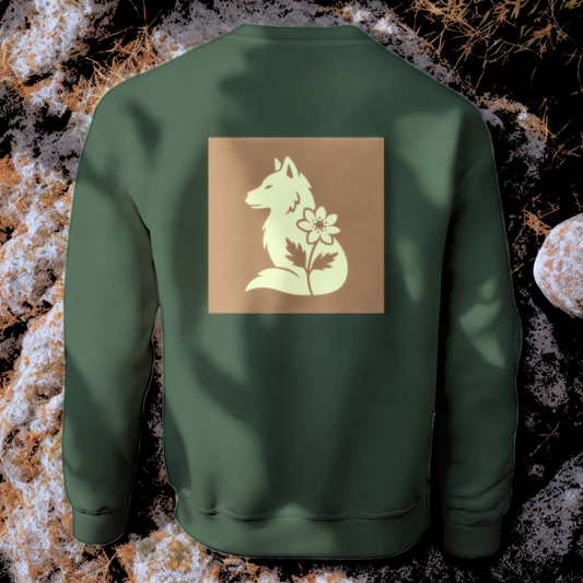 Nordic Wolf and Flower Sweatshirt beige on brown print – Minimalist Forest Green Crewneck by Varg & Vitsippa