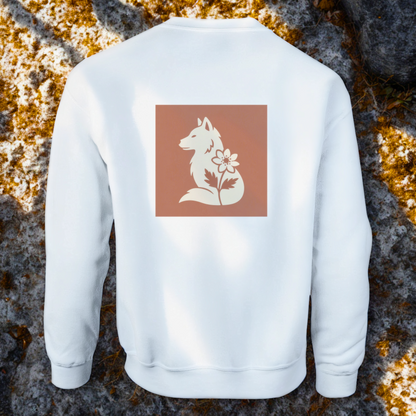 Nordic Wolf & Flower Beige on Brown print - Unisex White Crewneck Sweatshirt