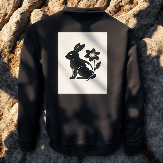 Nordic Hare and Flower sweatshirt – Minimalist Black Crewneck by Varg & Vitsippa