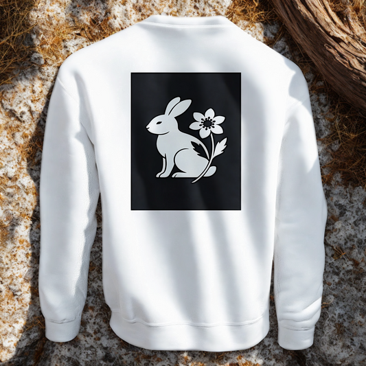 Nordic Hare and Flower White on Black Print – Minimalist White Crewneck by Varg & Vitsippa