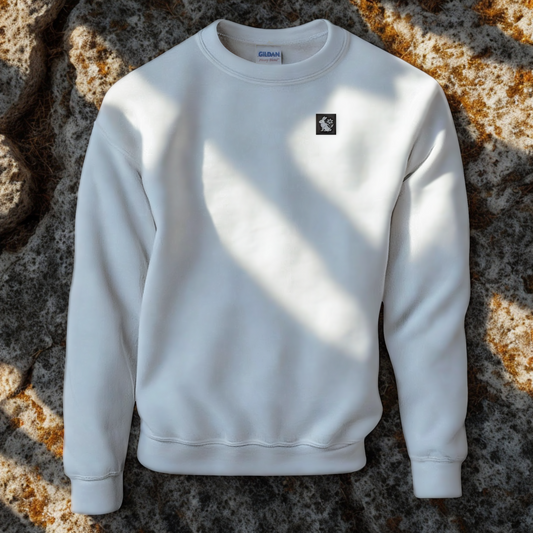Nordic Hare and Flower White on Black Print – Minimalist White Crewneck by Varg & Vitsippa