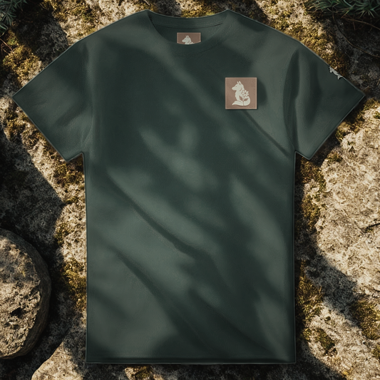 Nordic Wolf and Forest Flower beige-on-brown Print – Minimalist Heavyweight Forest Green T-Shirt by Varg & Vitsippa