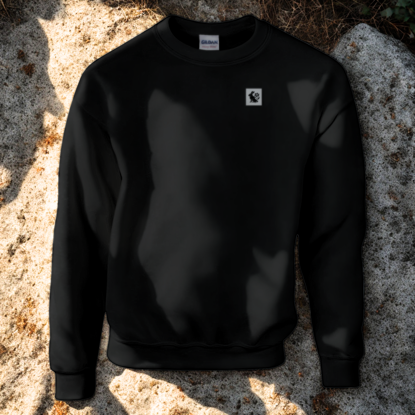 Nordic Hare and Flower sweatshirt – Minimalist Black Crewneck by Varg & Vitsippa