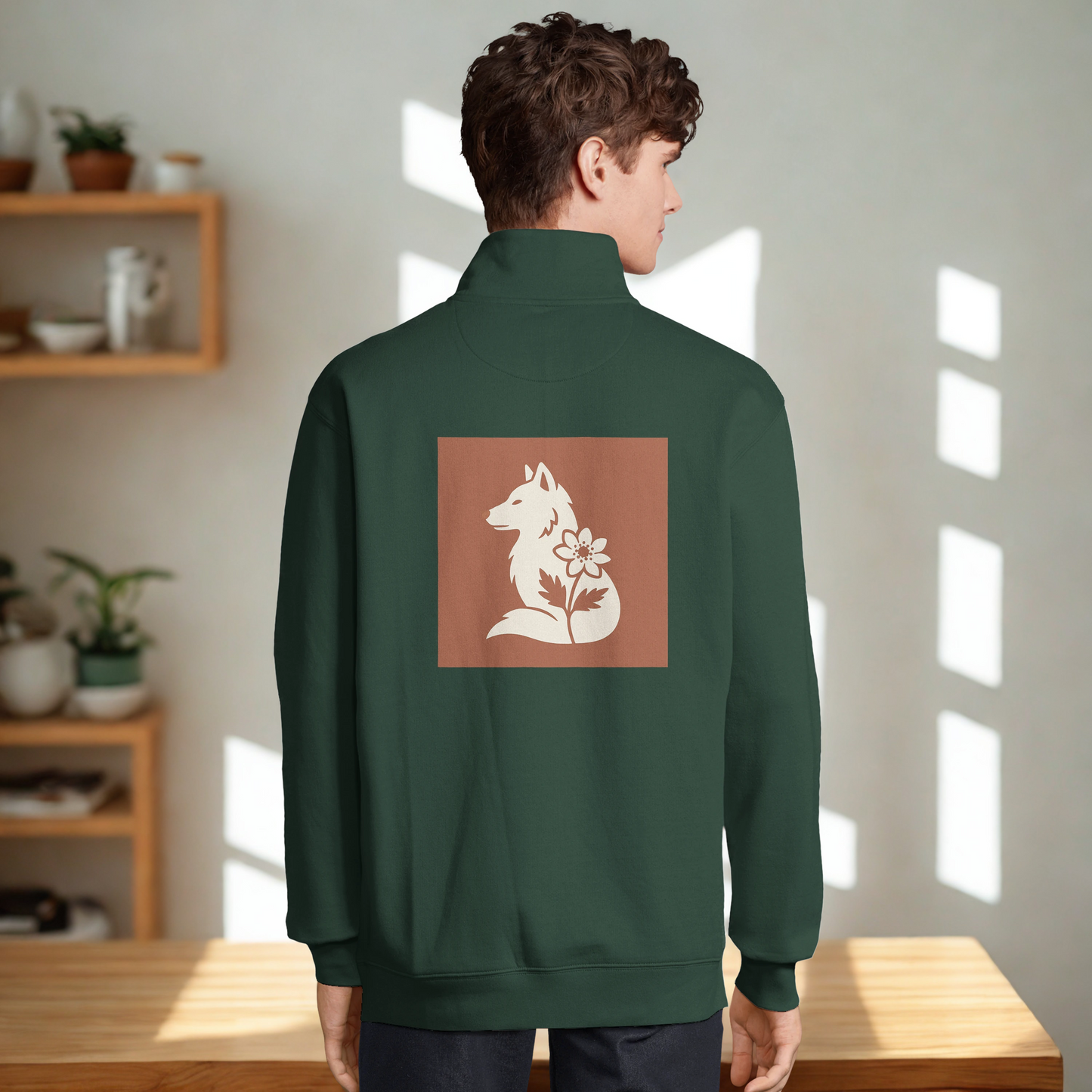 Nordic Wolf and Flower Sweatshirt beige on brown print – Minimalist Forest Green Quarter-Zip Sweatshirt by Varg & Vitsippa