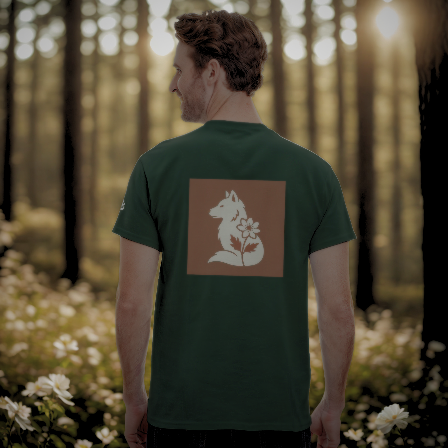 Nordic Wolf and Forest Flower beige-on-brown Print – Minimalist Heavyweight Forest Green T-Shirt by Varg & Vitsippa
