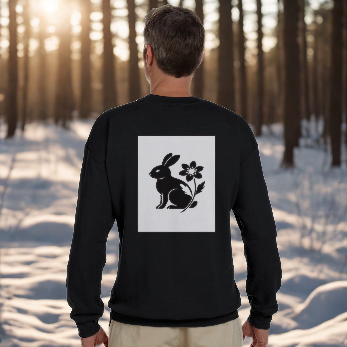 Nordic Hare and Flower sweatshirt – Minimalist Black Crewneck by Varg & Vitsippa