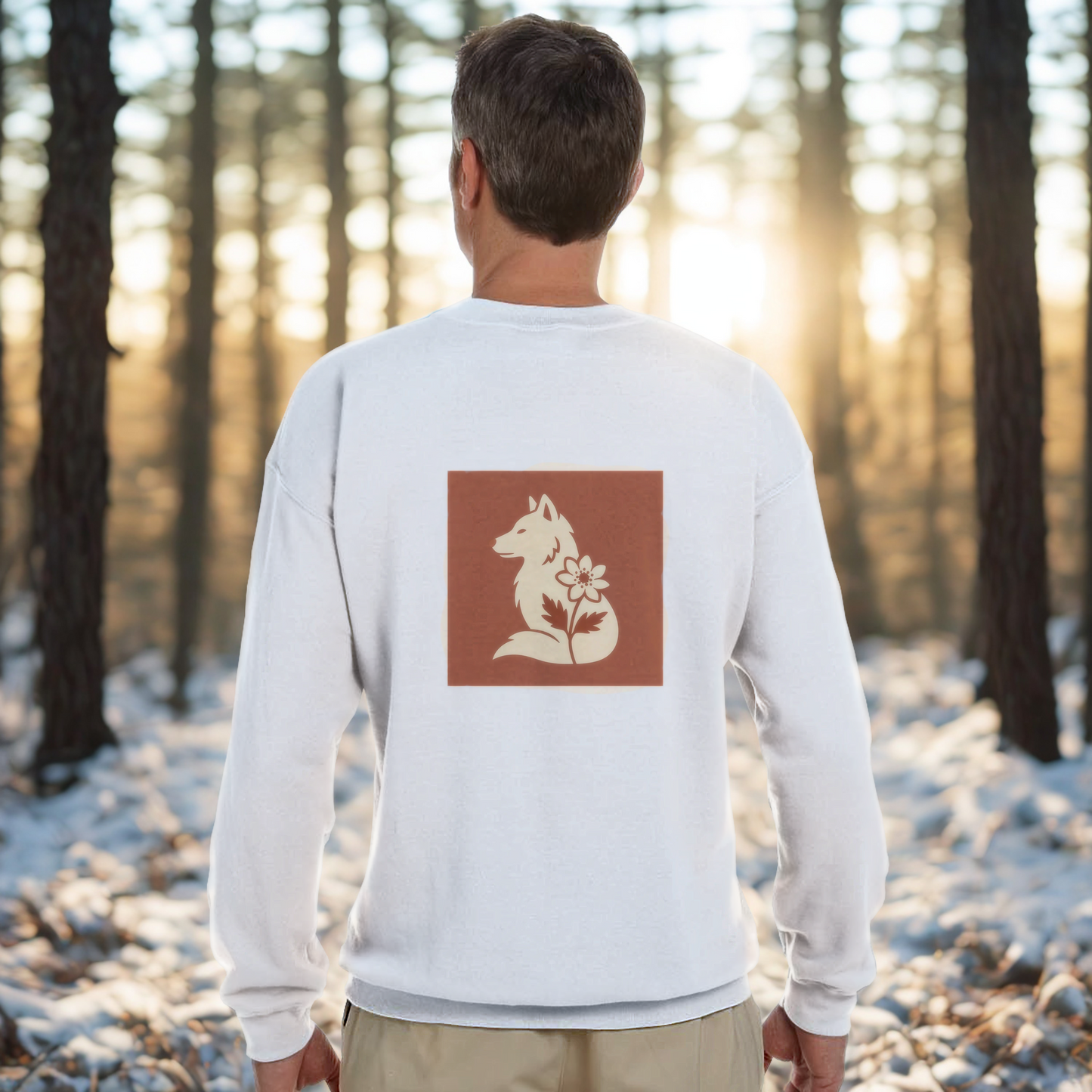 Nordic Wolf & Flower Beige on Brown print - Unisex White Crewneck Sweatshirt